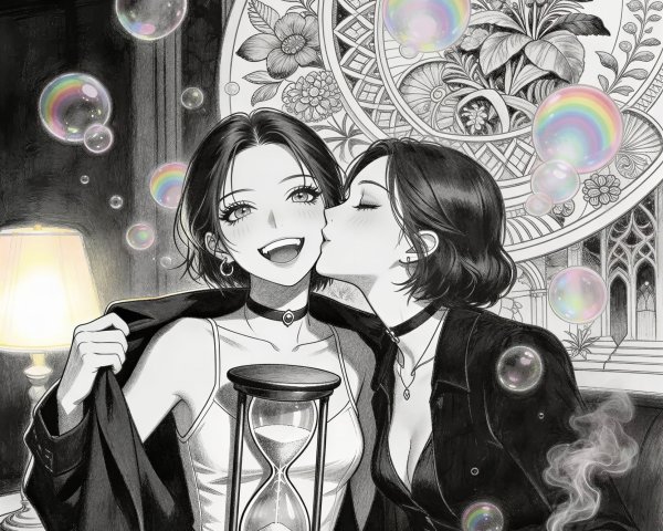 Two women in dark attire joyfully embrace with bubbles