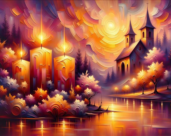 Digital Painting of Illuminated Candles in Forest Setting