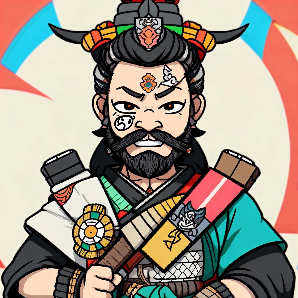 Stylized warrior with tattoos and colorful attire