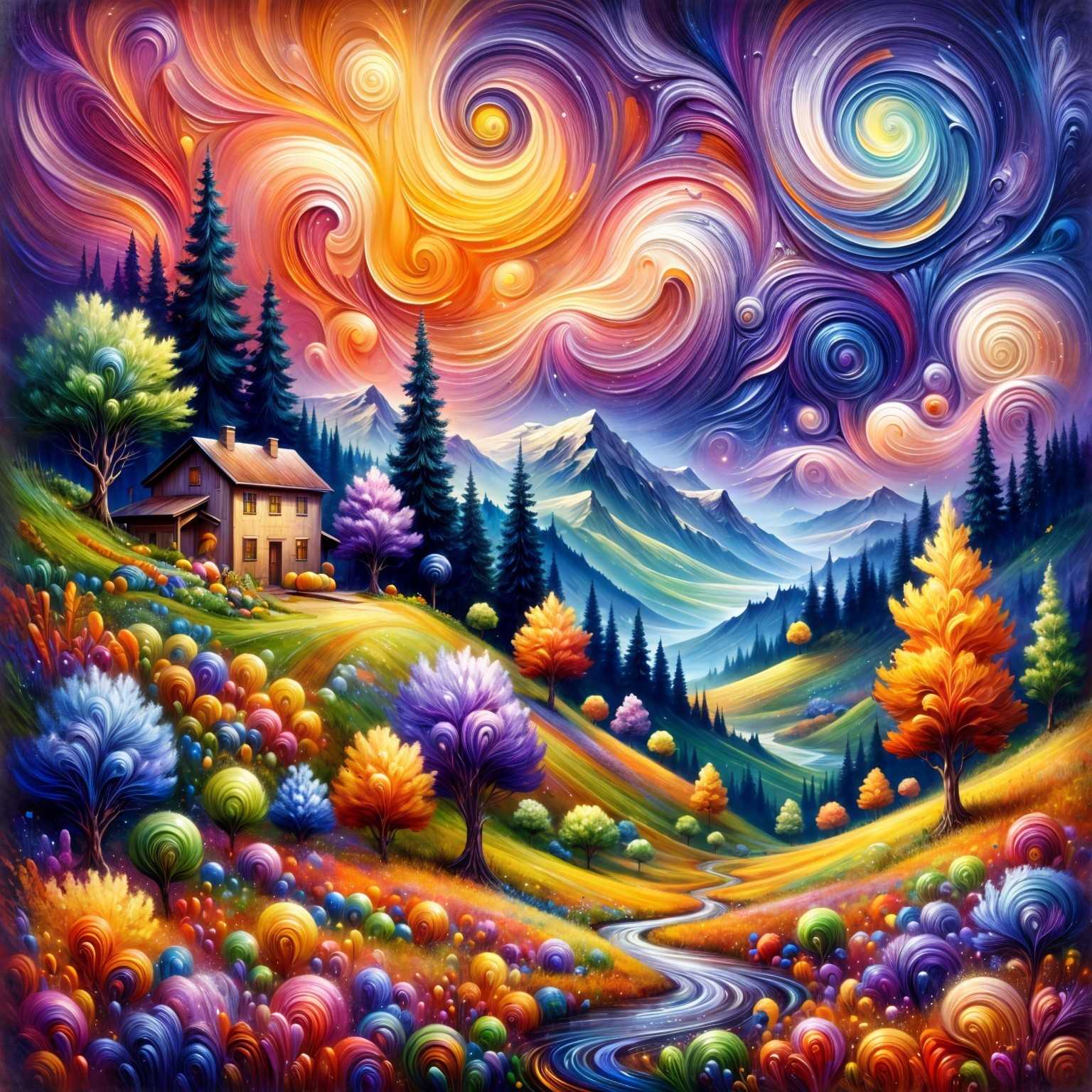 Vibrant Landscape with Colorful Trees and Mountains