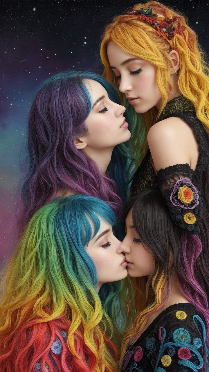 Ethereal Figures with Vibrant Hair and Floral Outfits