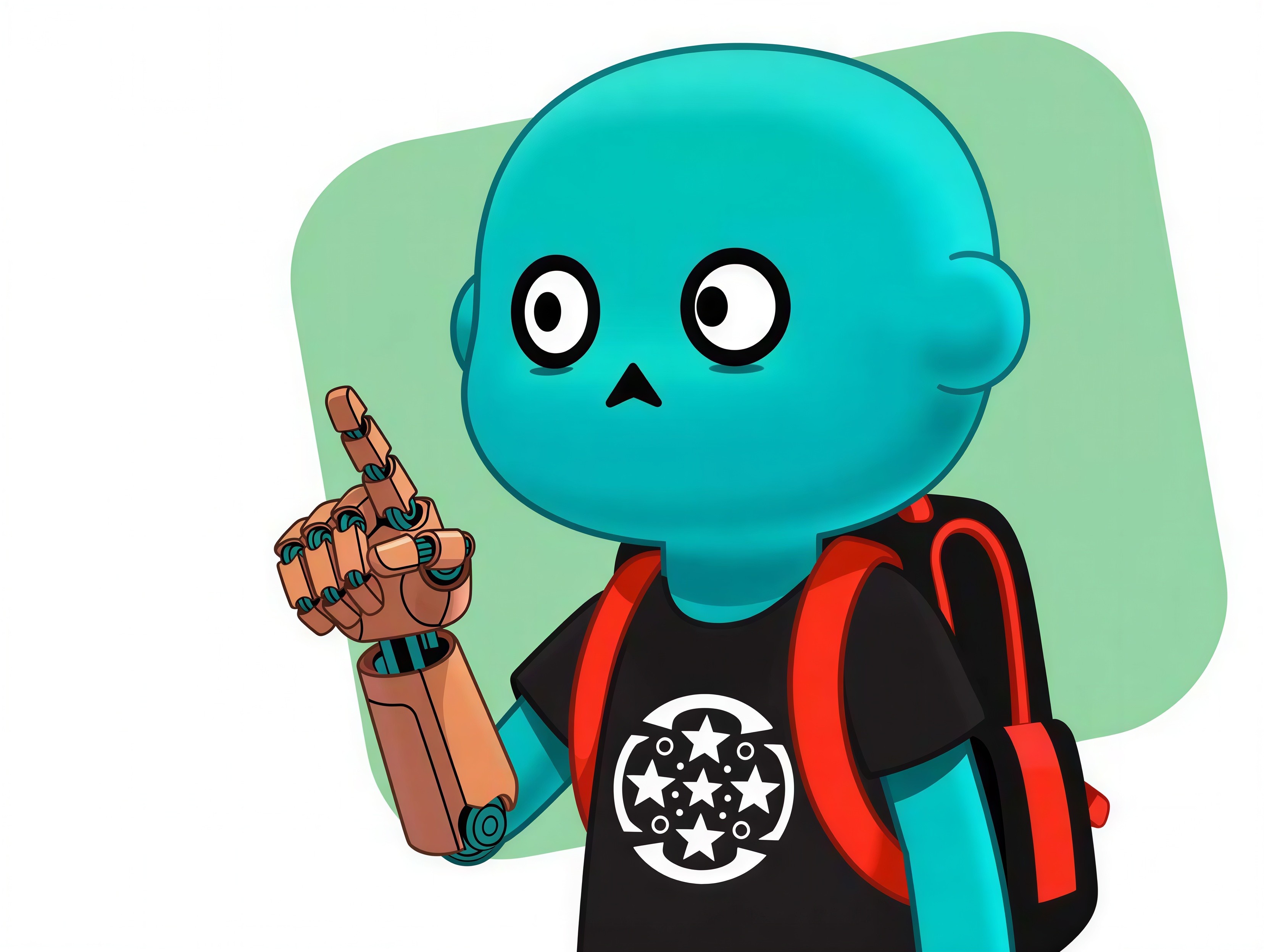 Turquoise Cartoon Character with Robotic Arm and Backpack