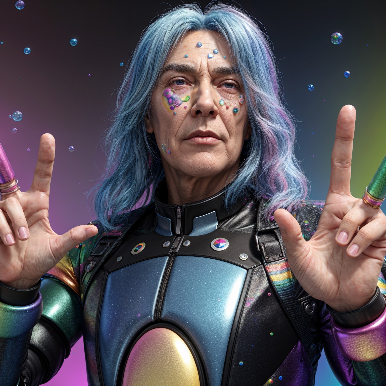 Futuristic character with pastel blue hair and costume