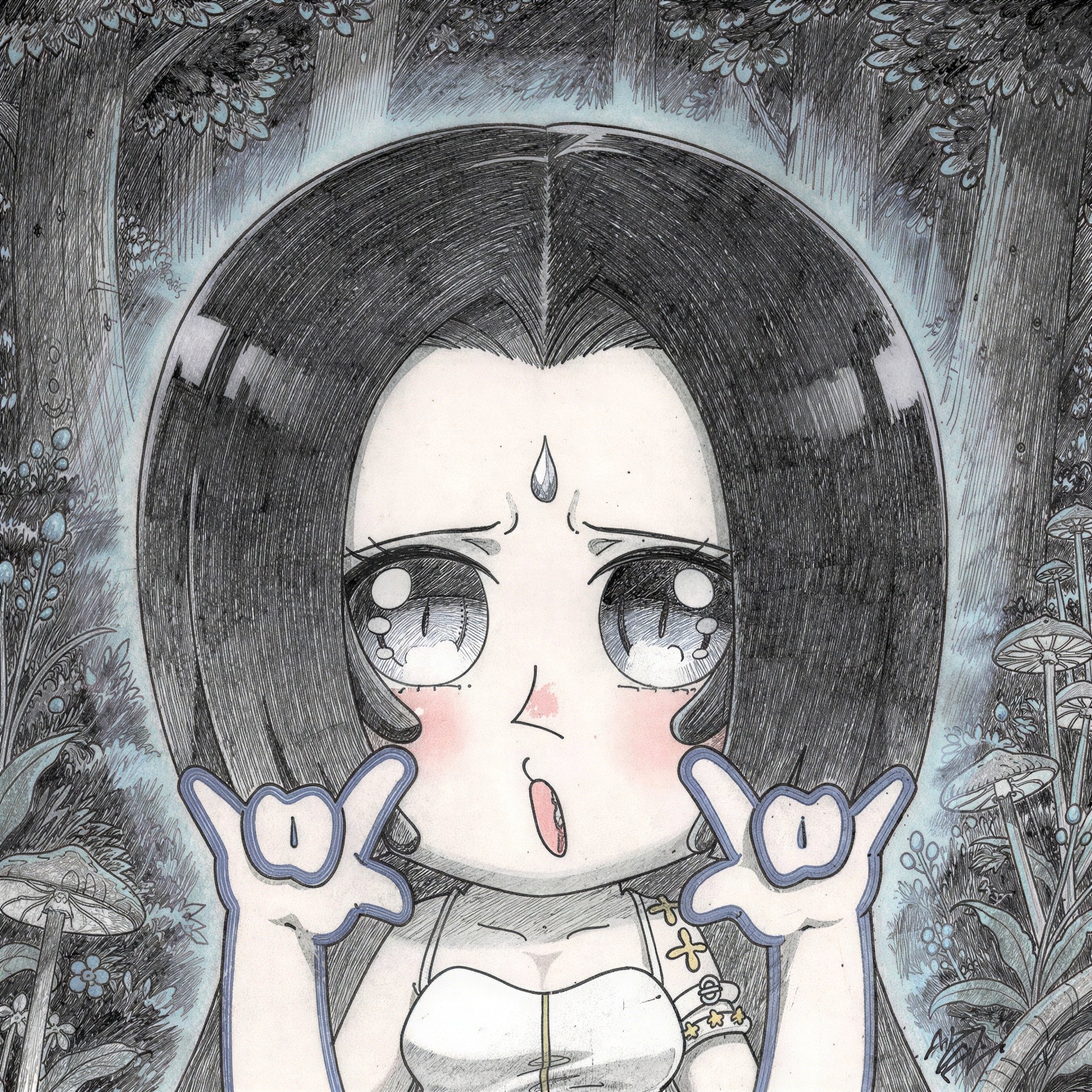 Anime-style artwork of a girl in a dark forest setting