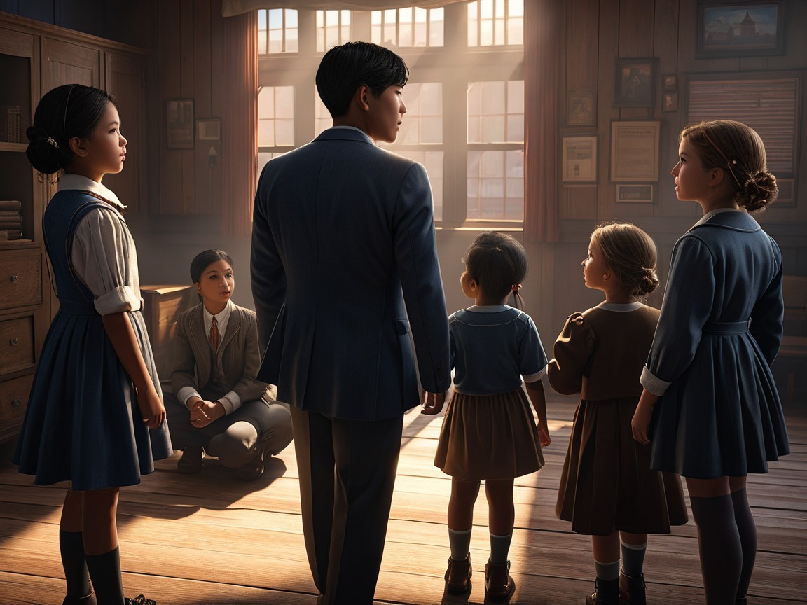 Children in Vintage School Uniforms in Classroom Setting