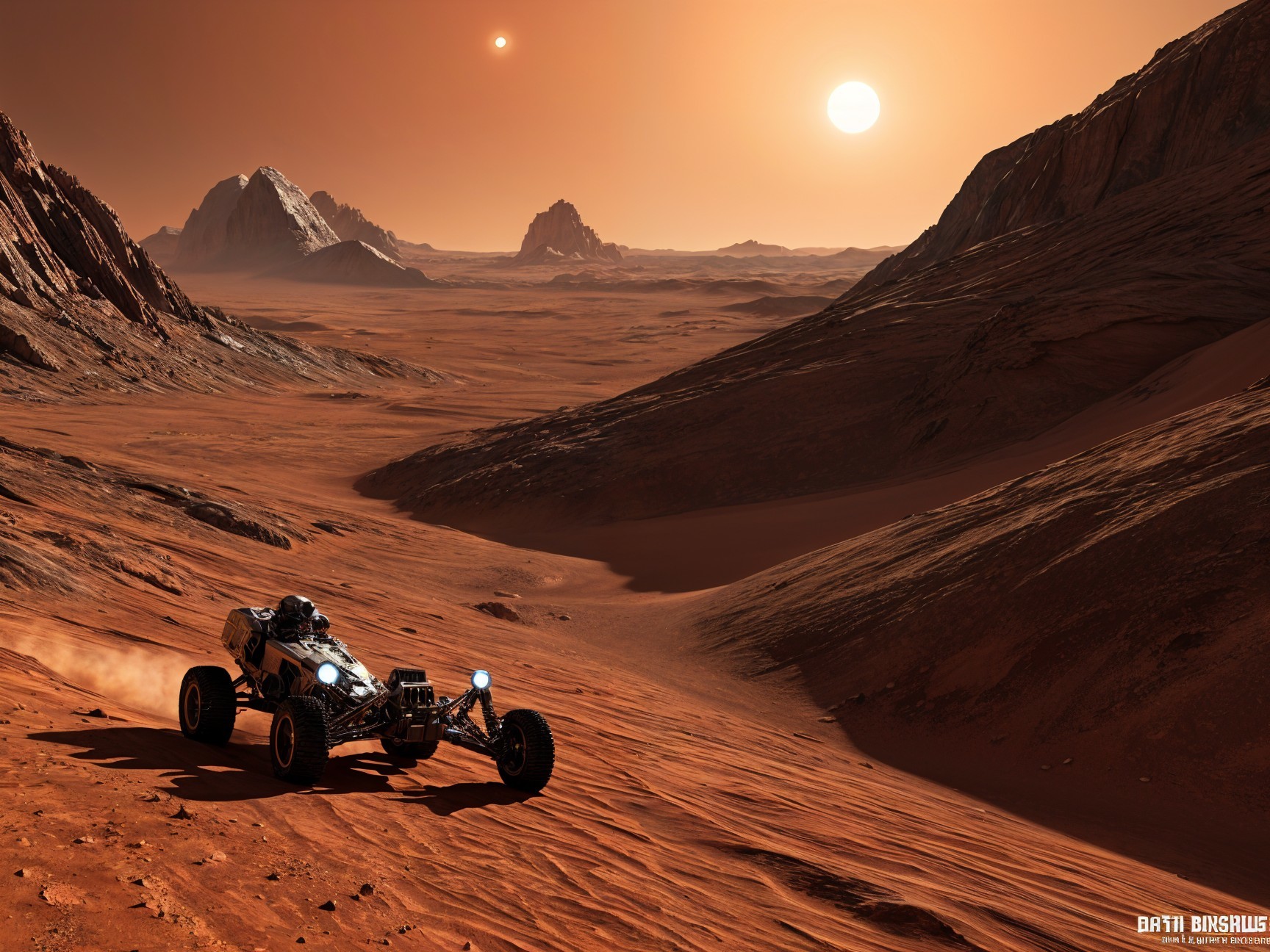 Rugged Vehicle in a Red Desert Landscape with Mountains