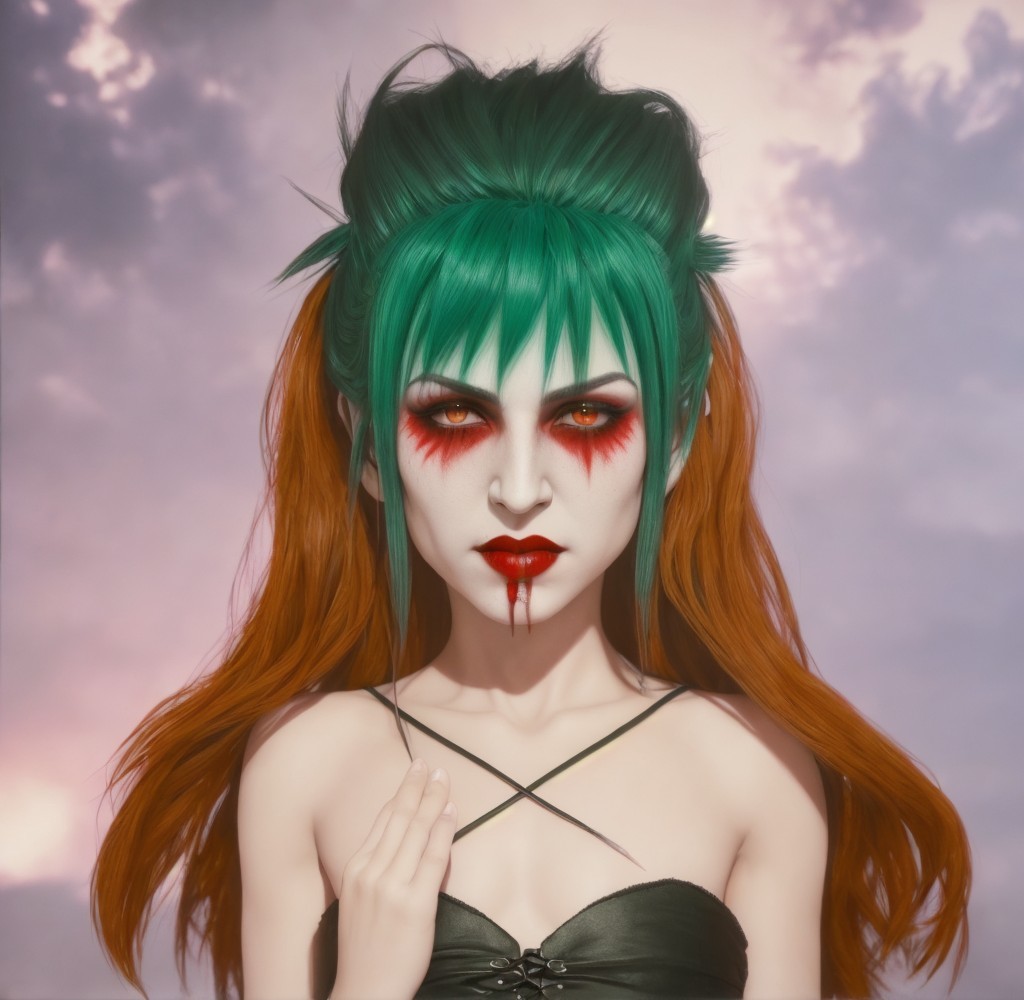 Vampiric Figure with Bold Colors Against Dramatic Sky