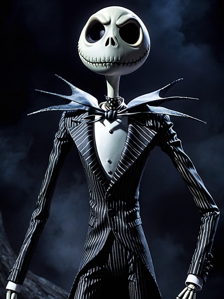 Skeletal Figure in Pinstripe Suit with Grinning Skull