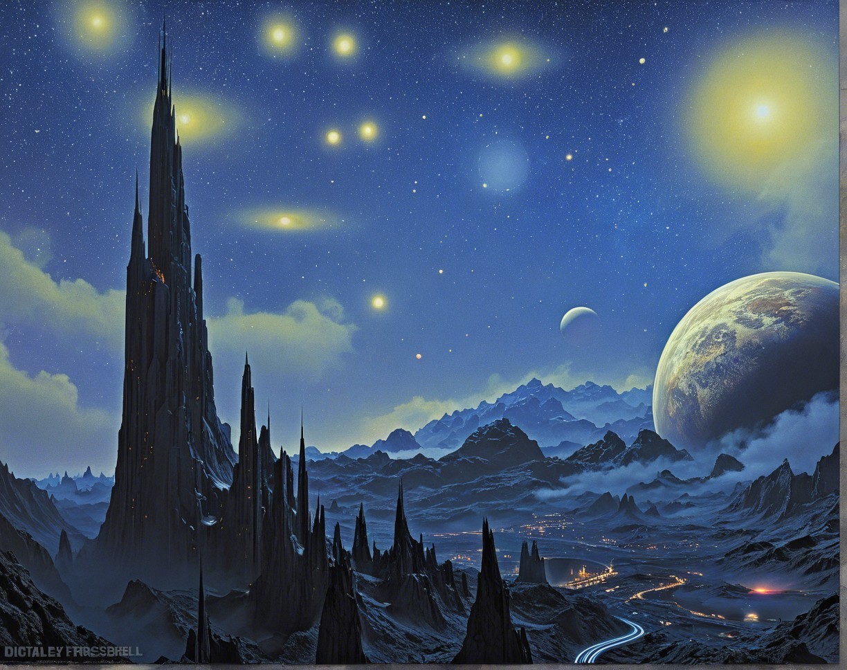 Otherworldly Night Landscape with Gothic Fortress Structure