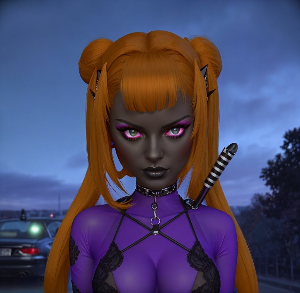 Character with Orange Hair and Pink Eyes in Urban Setting