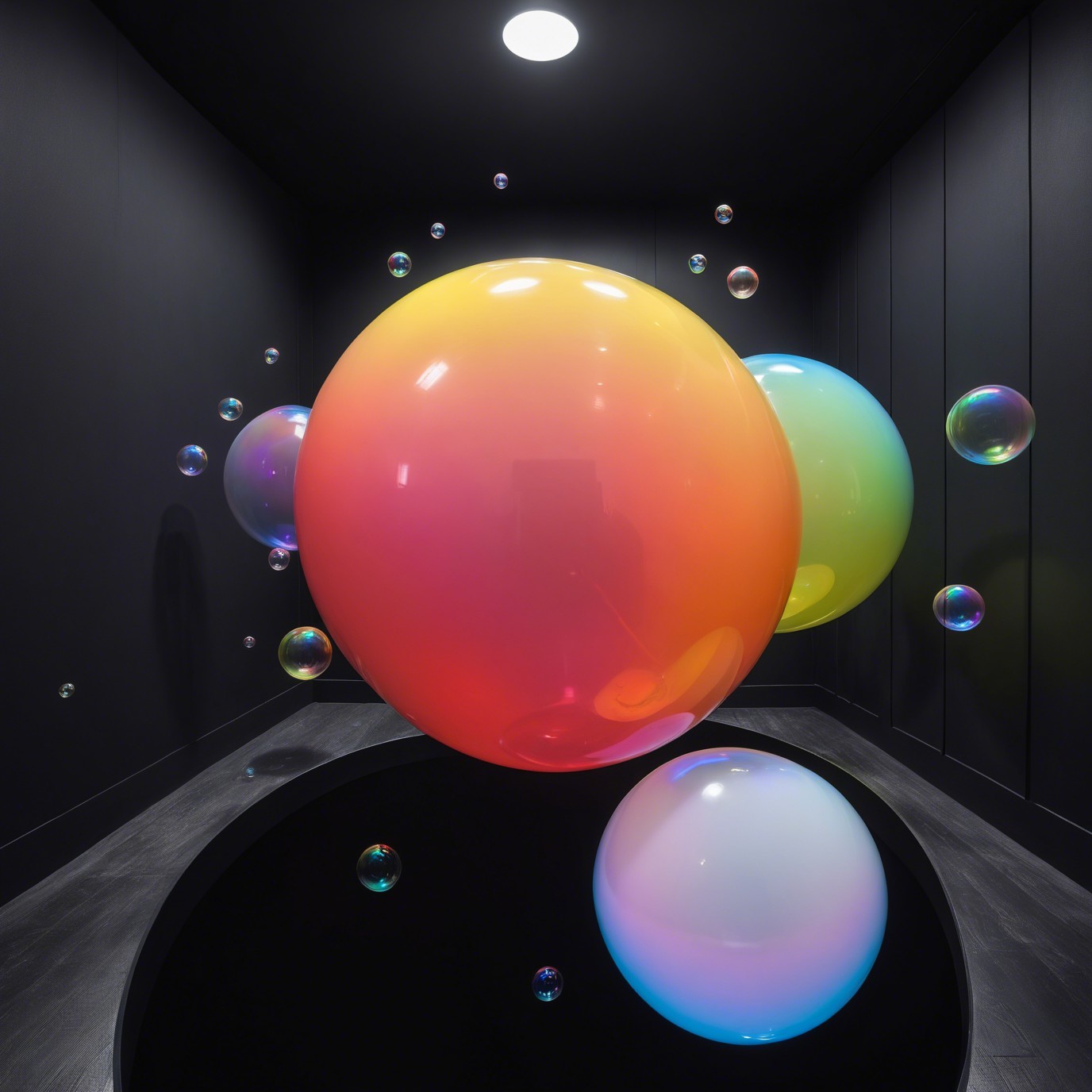 Iridescent Gradient Spheres in a Minimalist Room