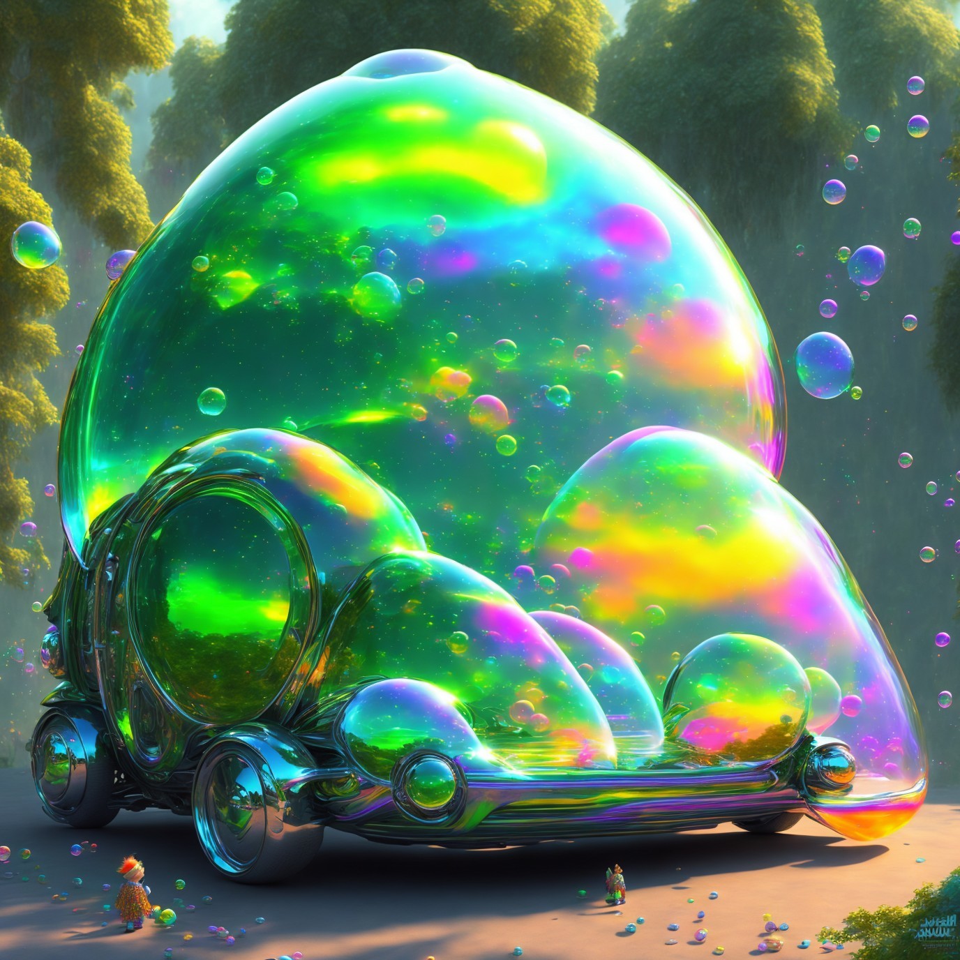 Cartoonish Toy Men and Iridescent Bubble Car