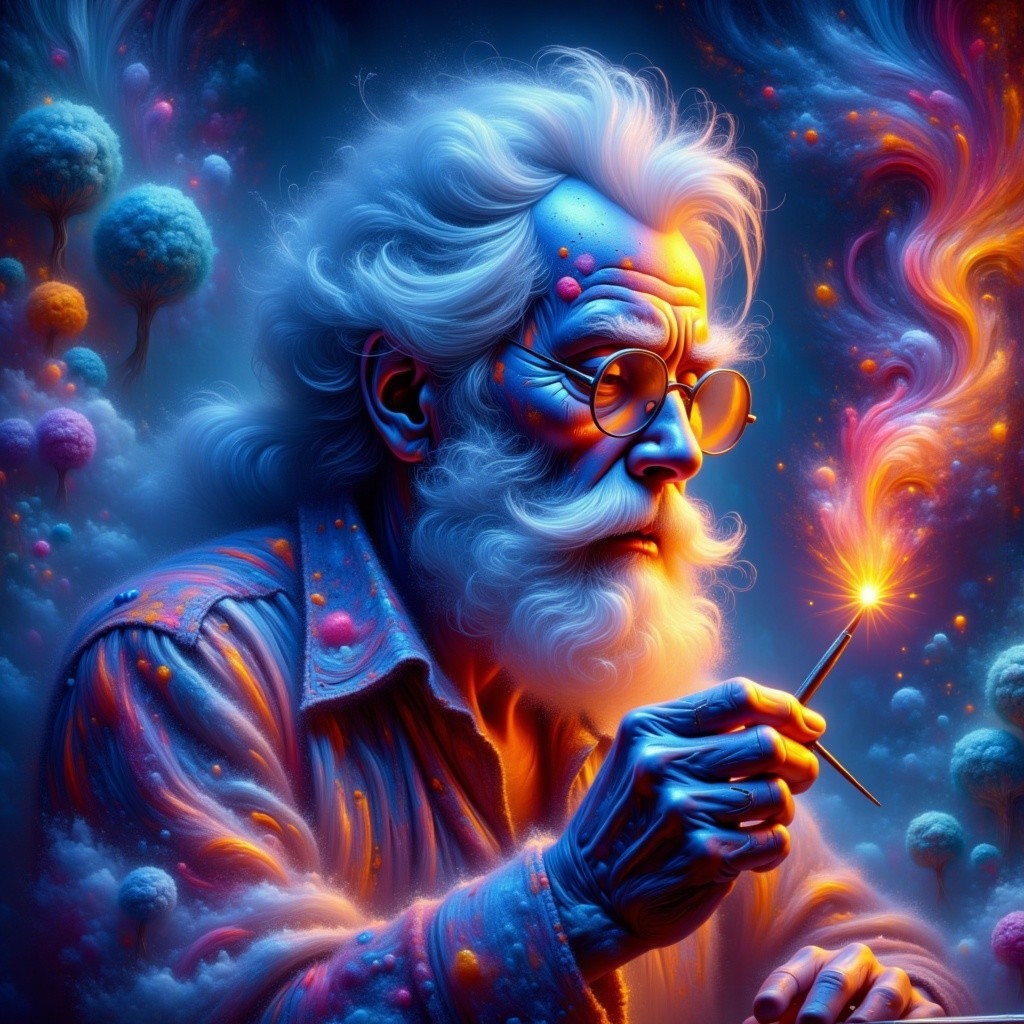 Elderly Man in Vibrant Otherworldly Landscape