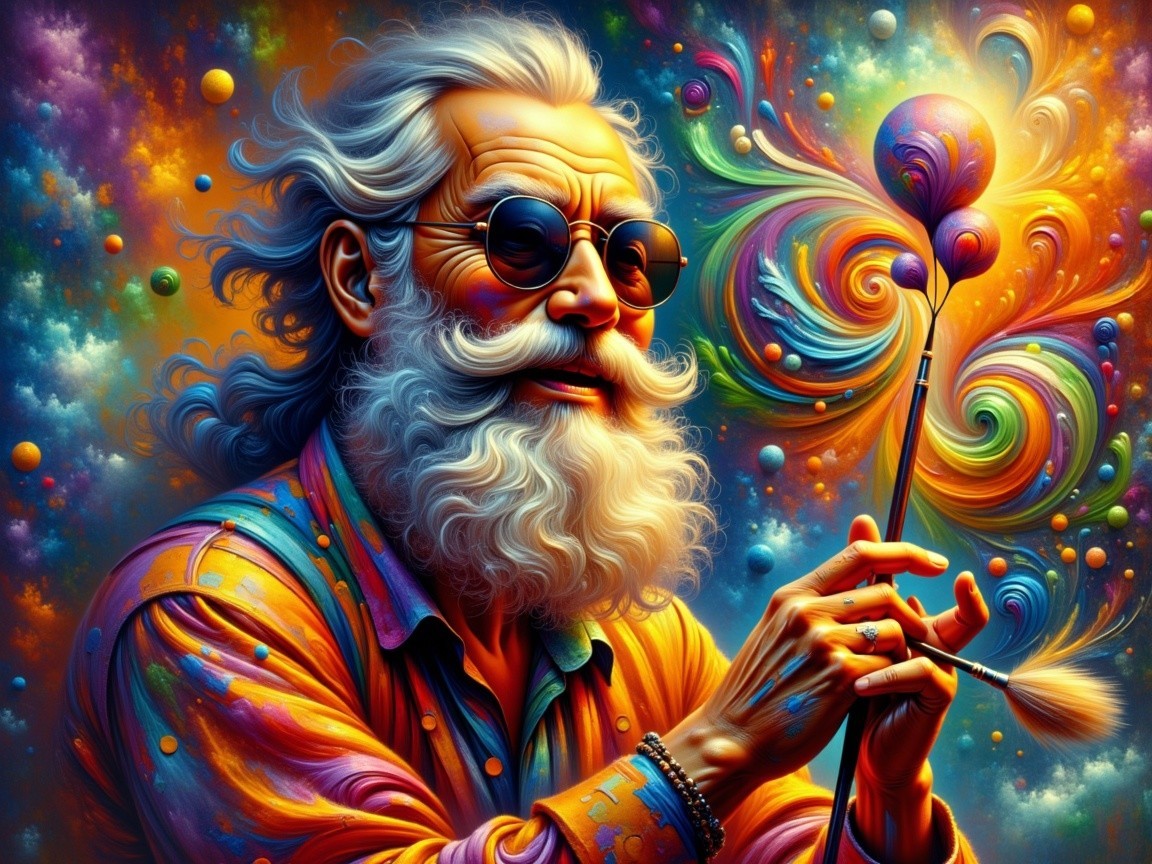 Colorful Portrait of an Elderly Artist with Paintbrush