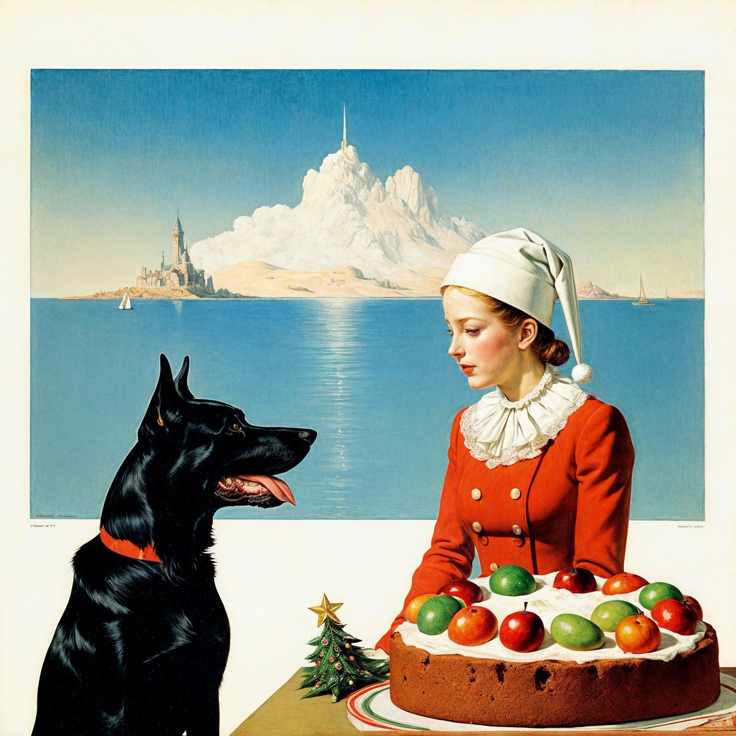 Whimsical Painting of Woman, Dog, and Festive Cake