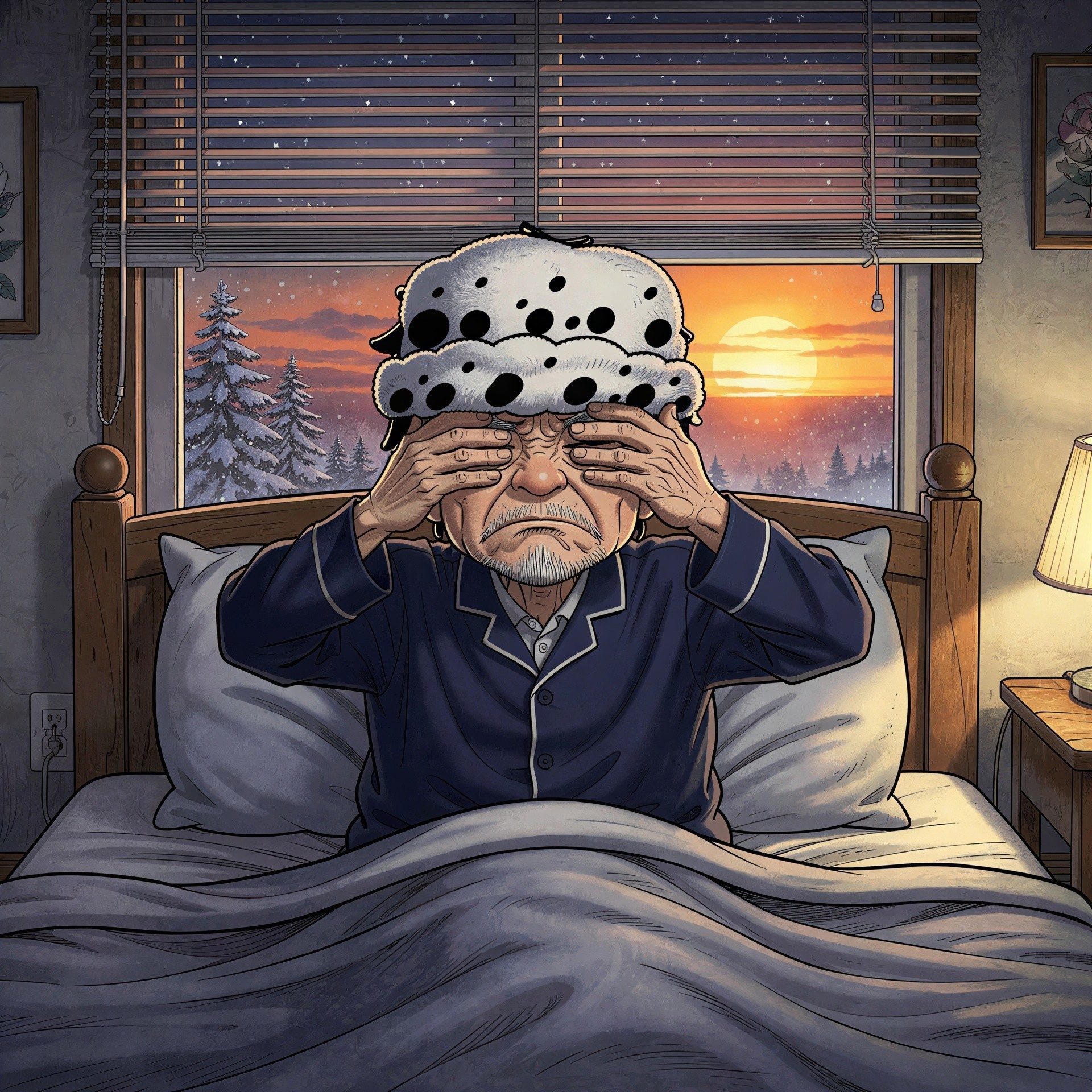 Elderly man in pajamas expressing annoyance at night