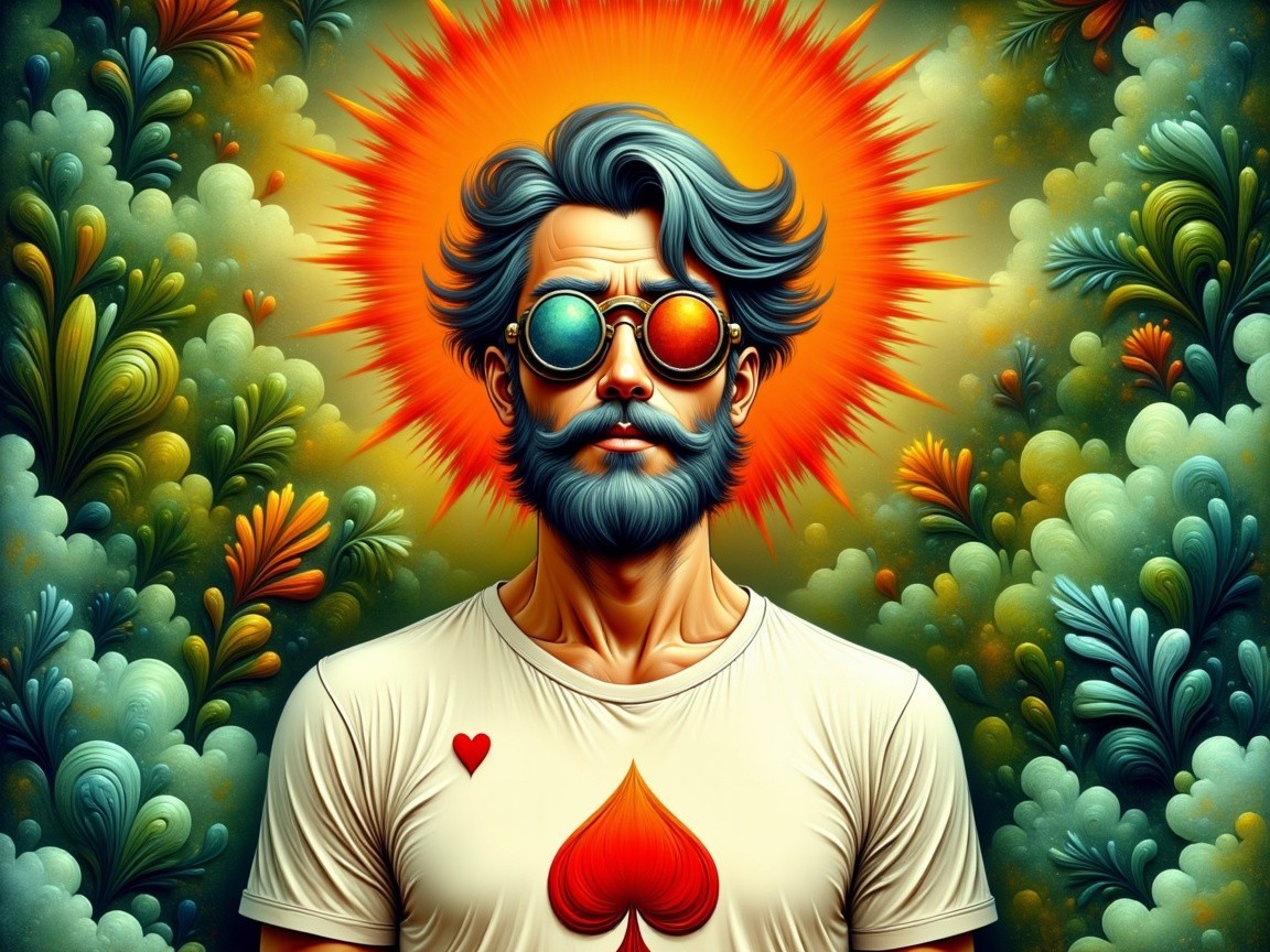 Stylized Man with Beard in Vibrant Psychedelic Setting