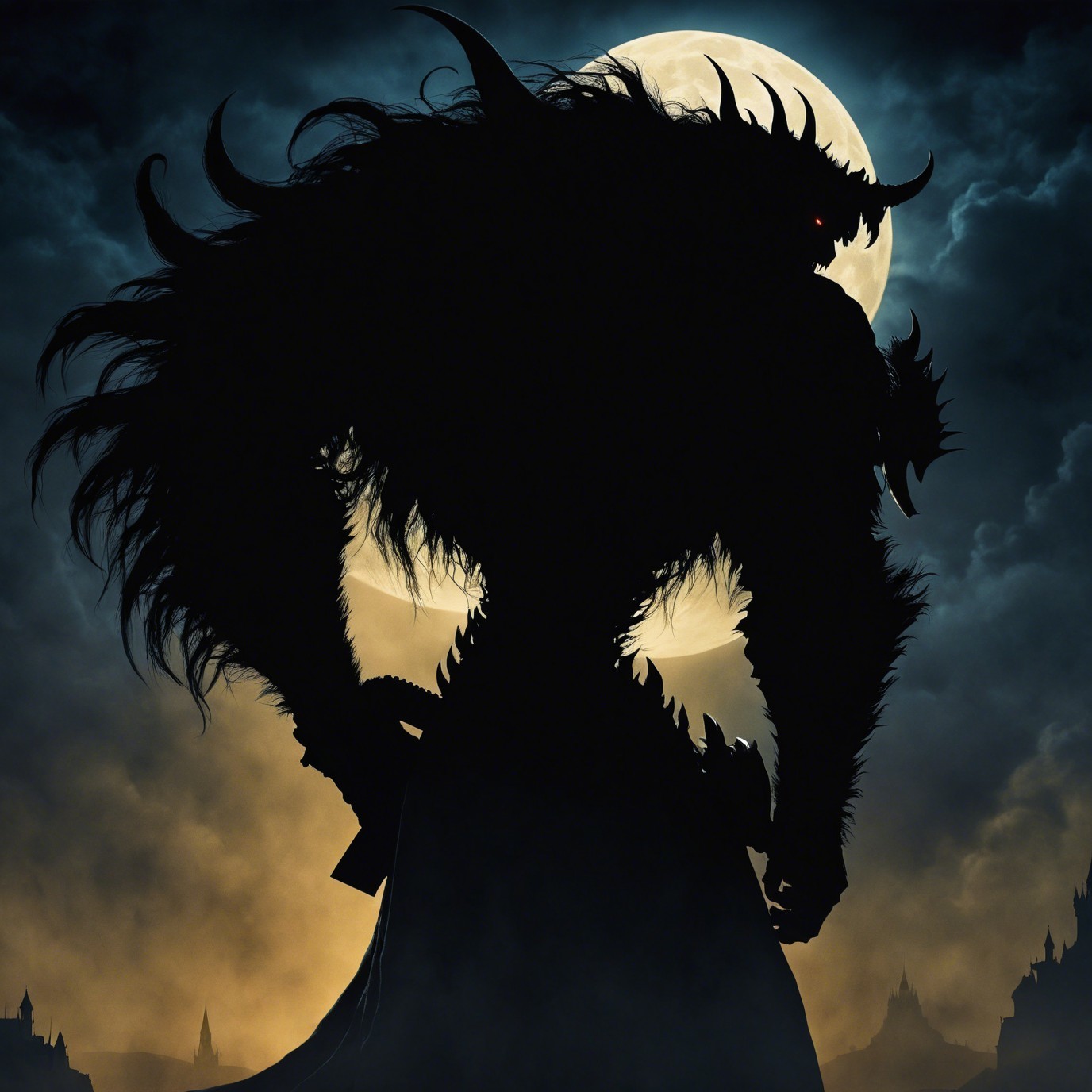 Silhouette of a horned creature with glowing eyes at night