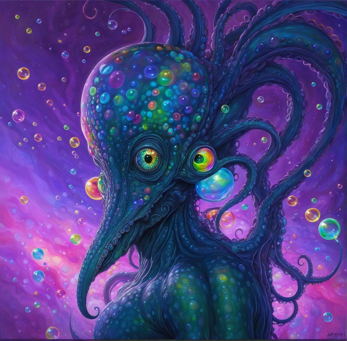 Psychedelic Octopus Creature in Vibrant Galaxy Scene