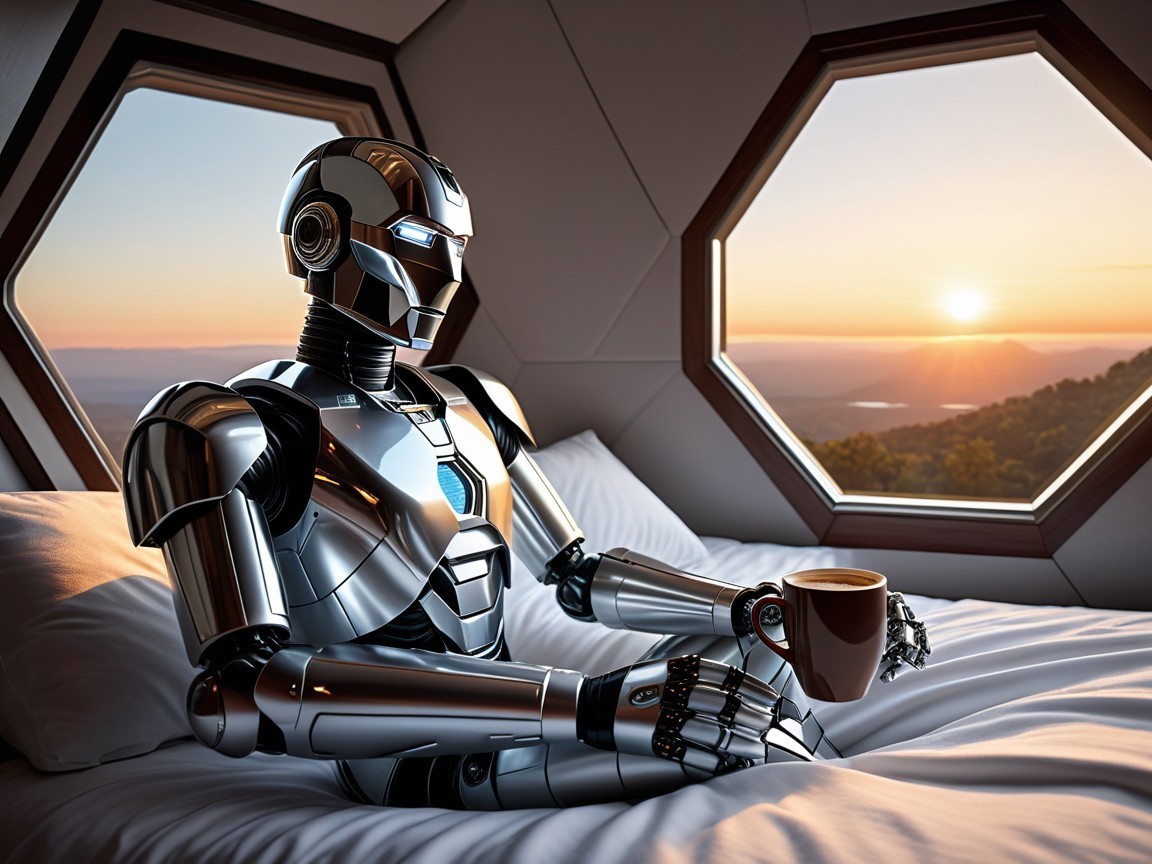 Futuristic robot with coffee in serene sunrise room