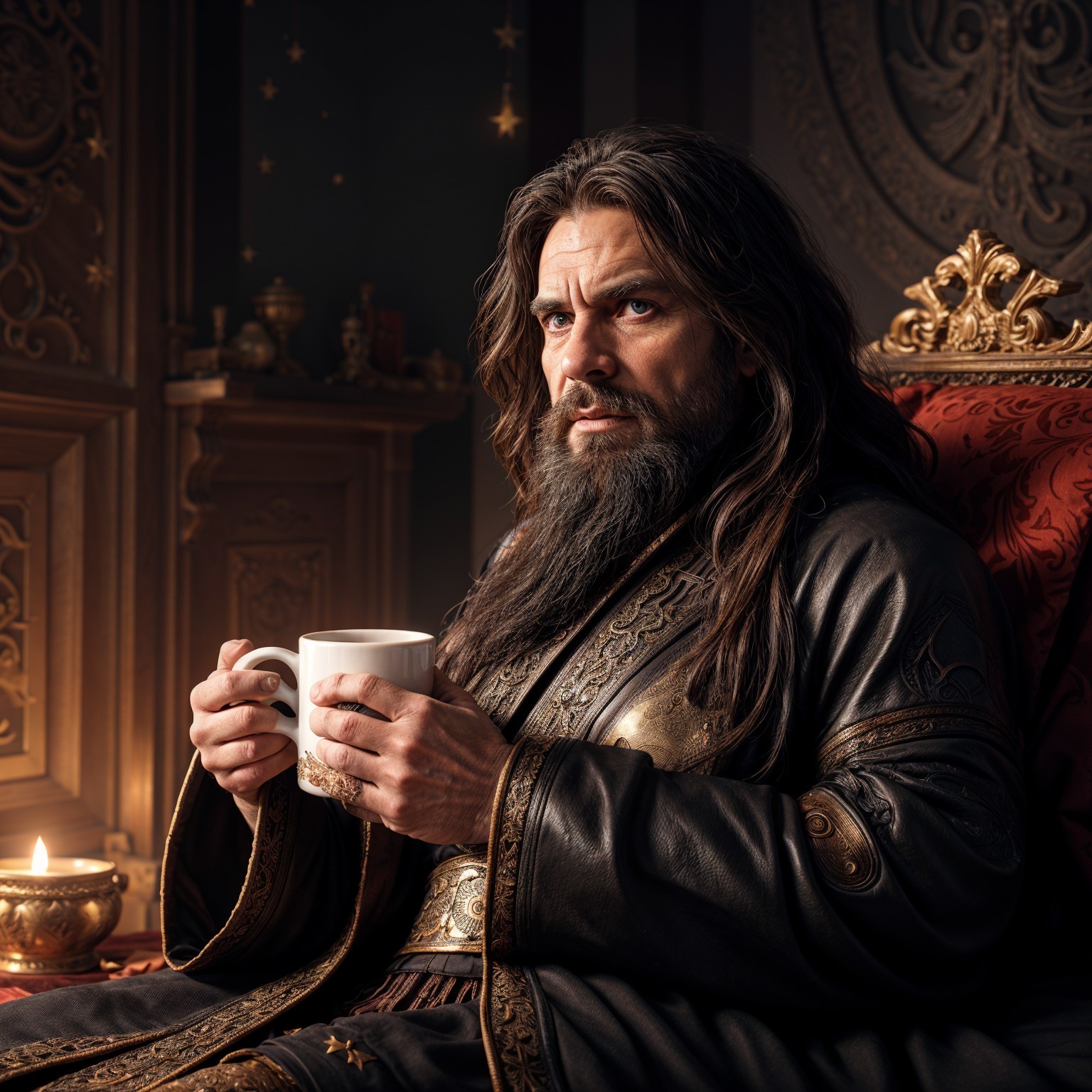 Regal figure on ornate throne in lavish room