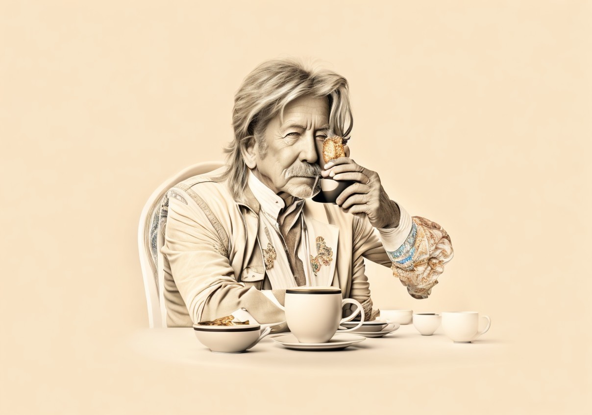 Sophisticated Man Enjoying Coffee and Pastry at Table