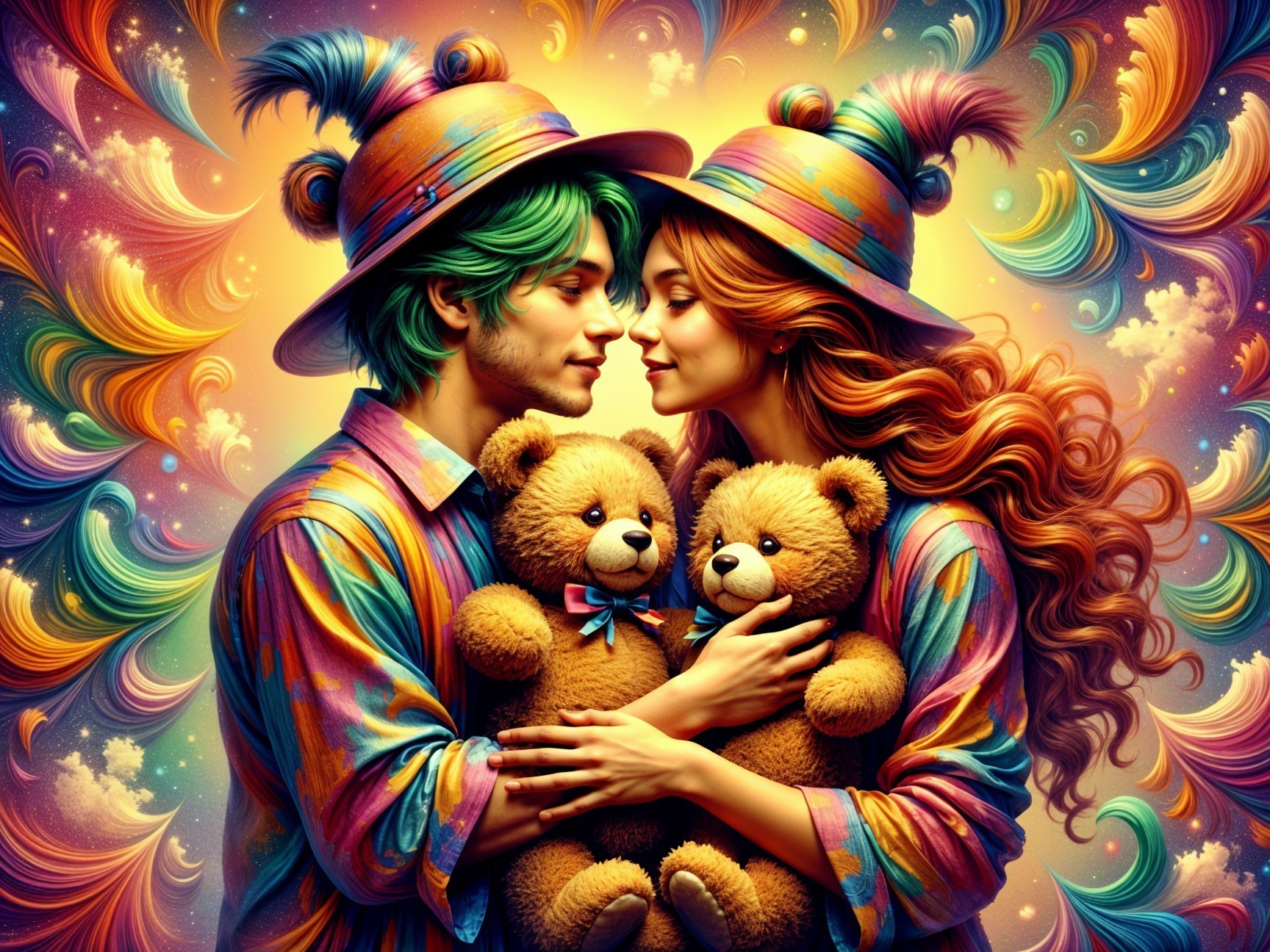 Whimsical Couple with Colorful Hair and Teddy Bears