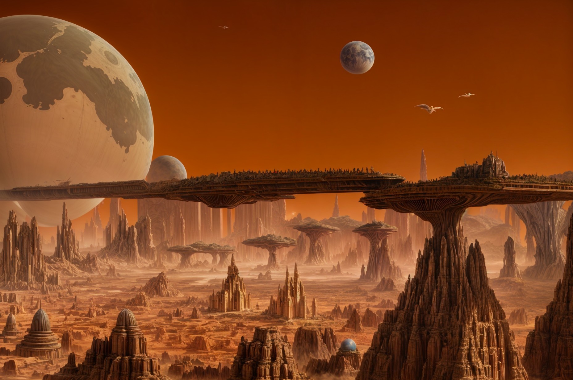 Surreal Alien Landscape with Floating Islands and Moons
