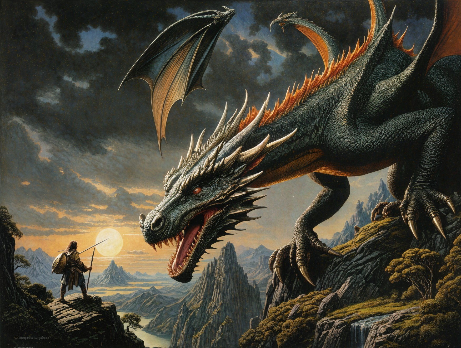 Majestic dragon over rugged landscape at sunset