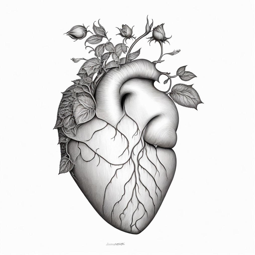 Anatomical Heart Intertwined with Vines and Roses