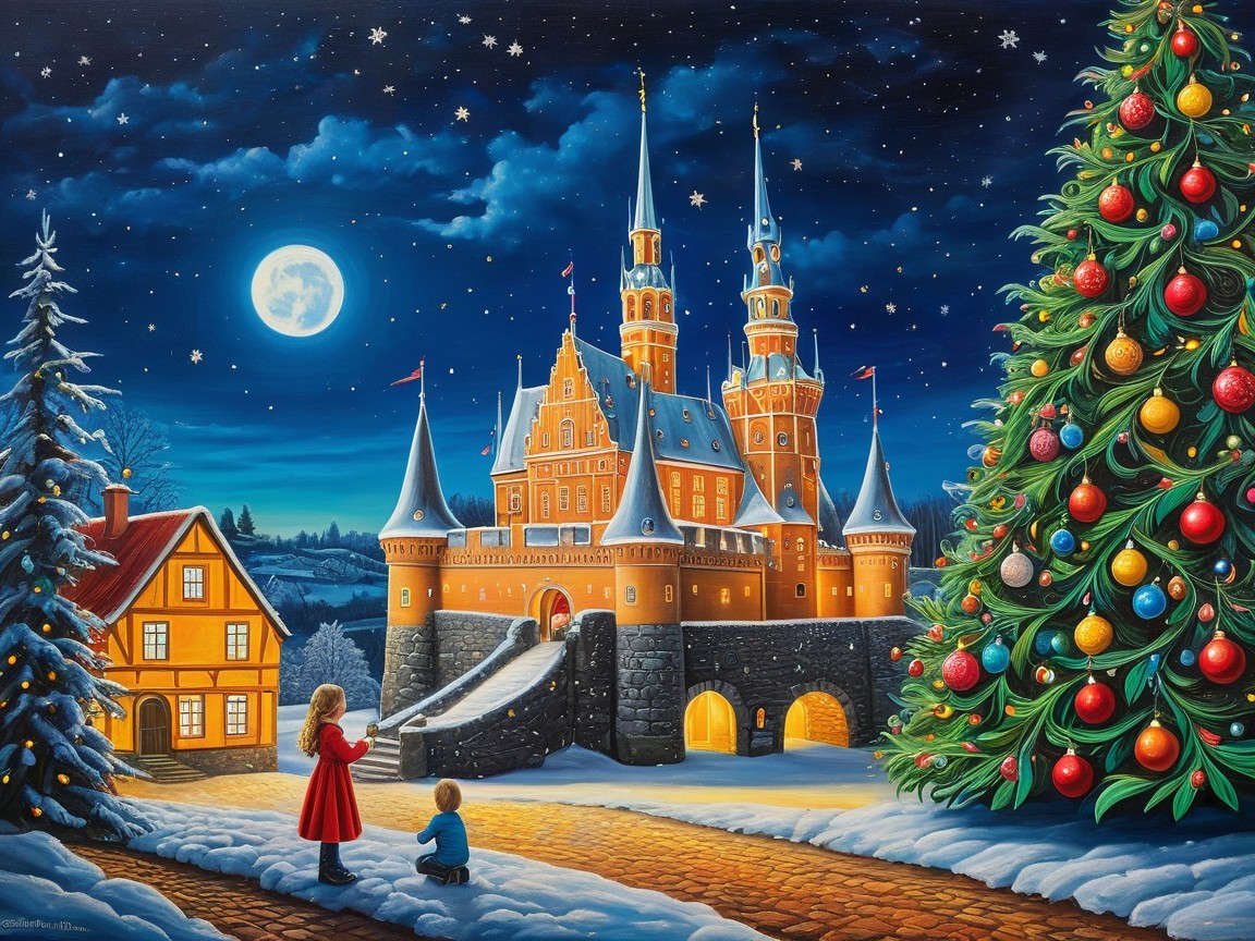 Illuminated Castle in Snowy Night Landscape