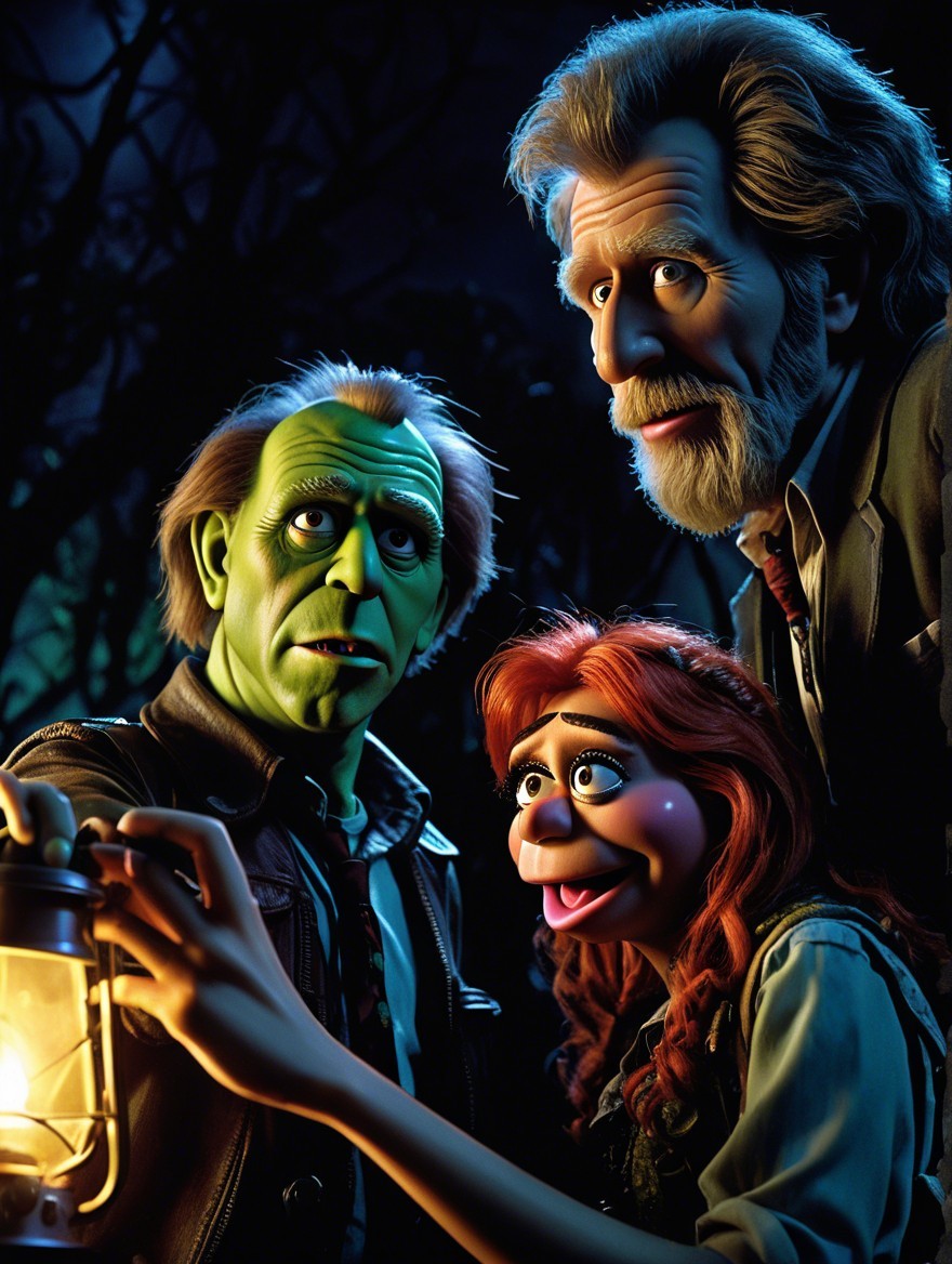 Colorful Puppets in a Spooky Forest Setting