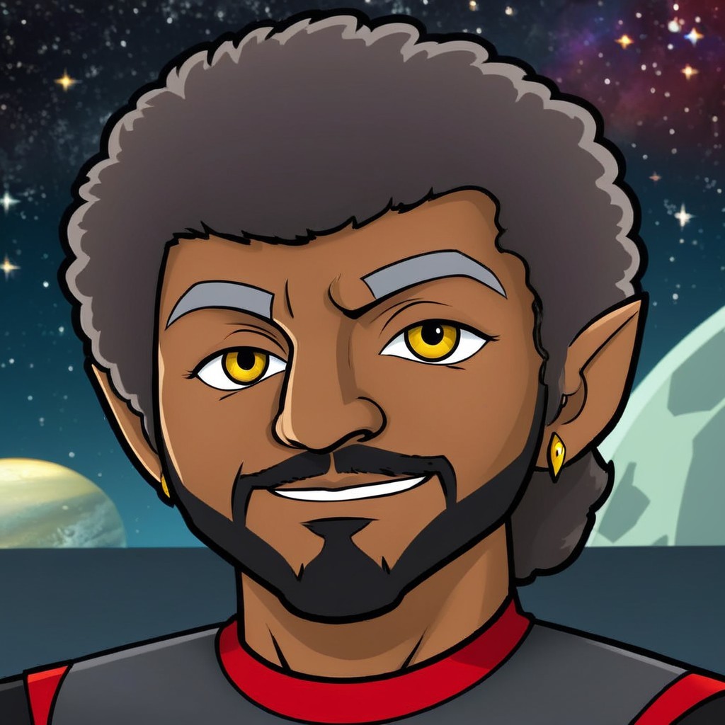 Animated character with curly hair in cosmic scene