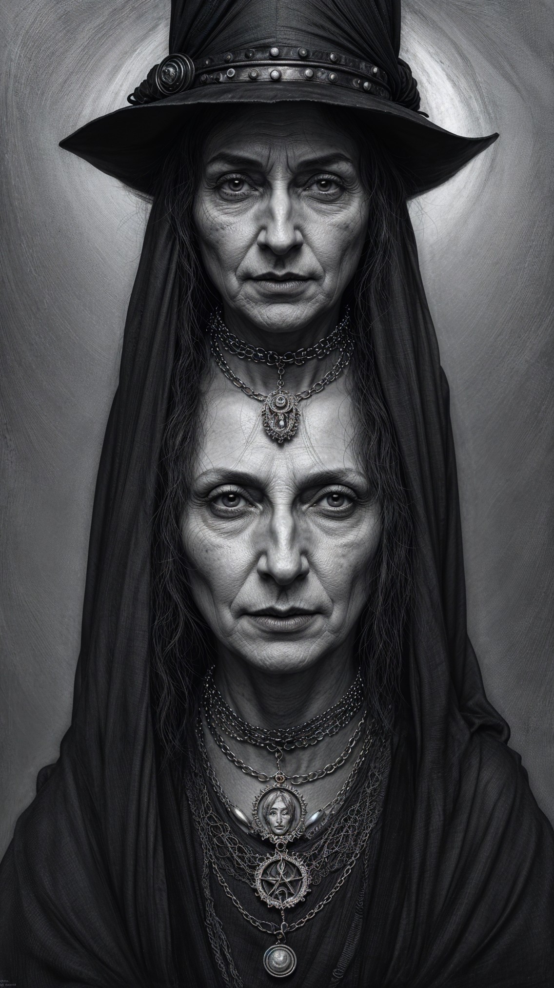 Black-and-white portrait of two women with jewelry