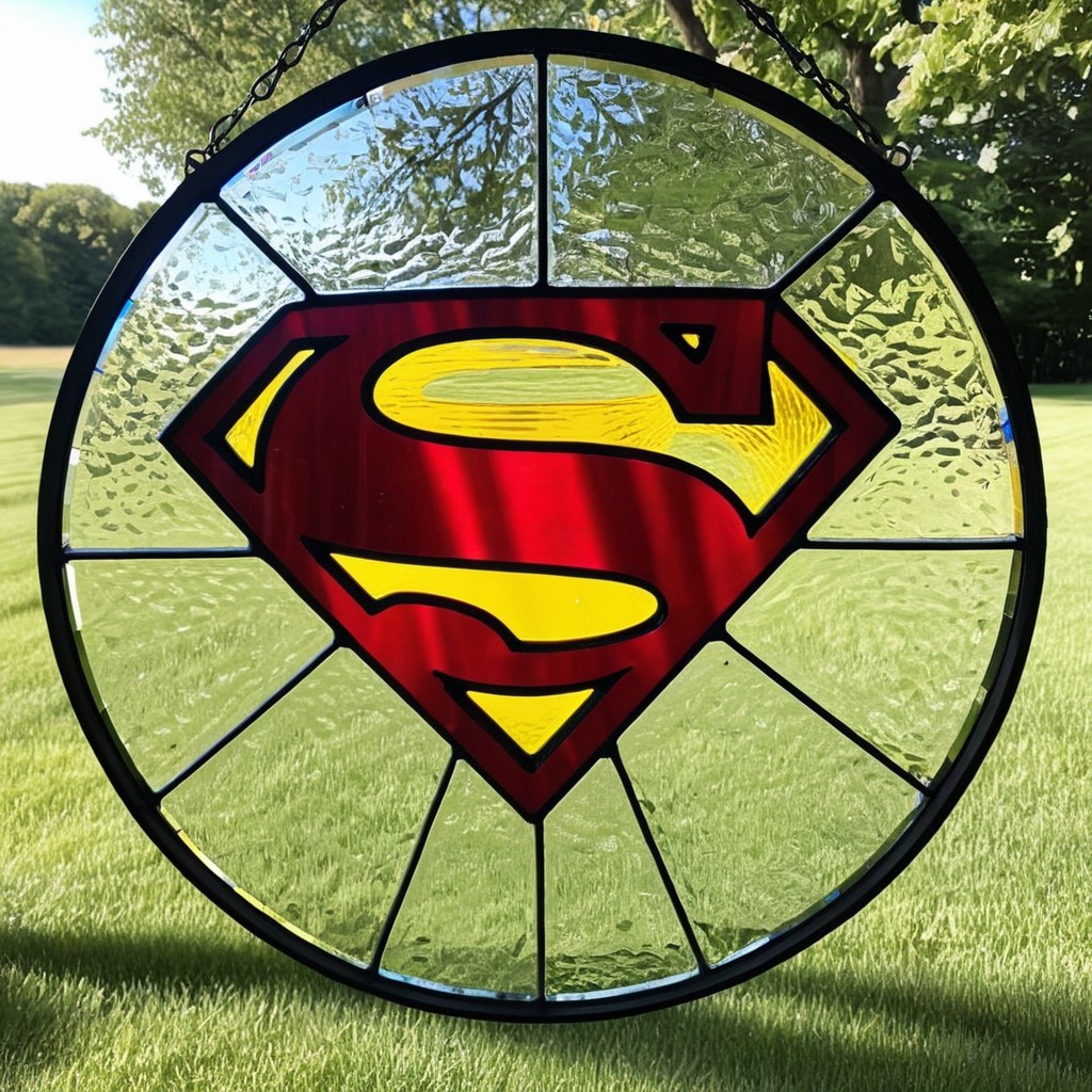 Circular Stained Glass Piece with Superman Logo