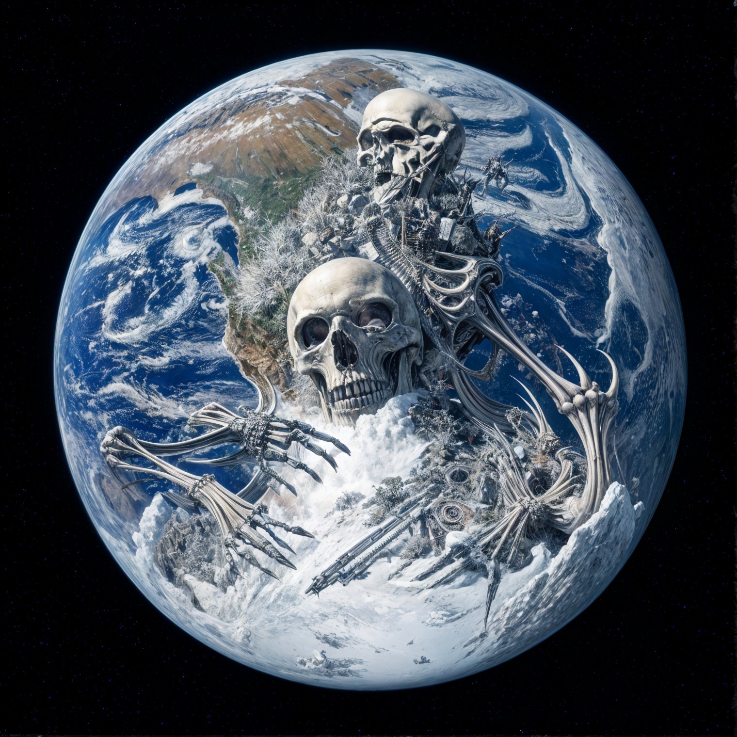 Surreal Earth with Cosmic Skulls and Skeletal Hands