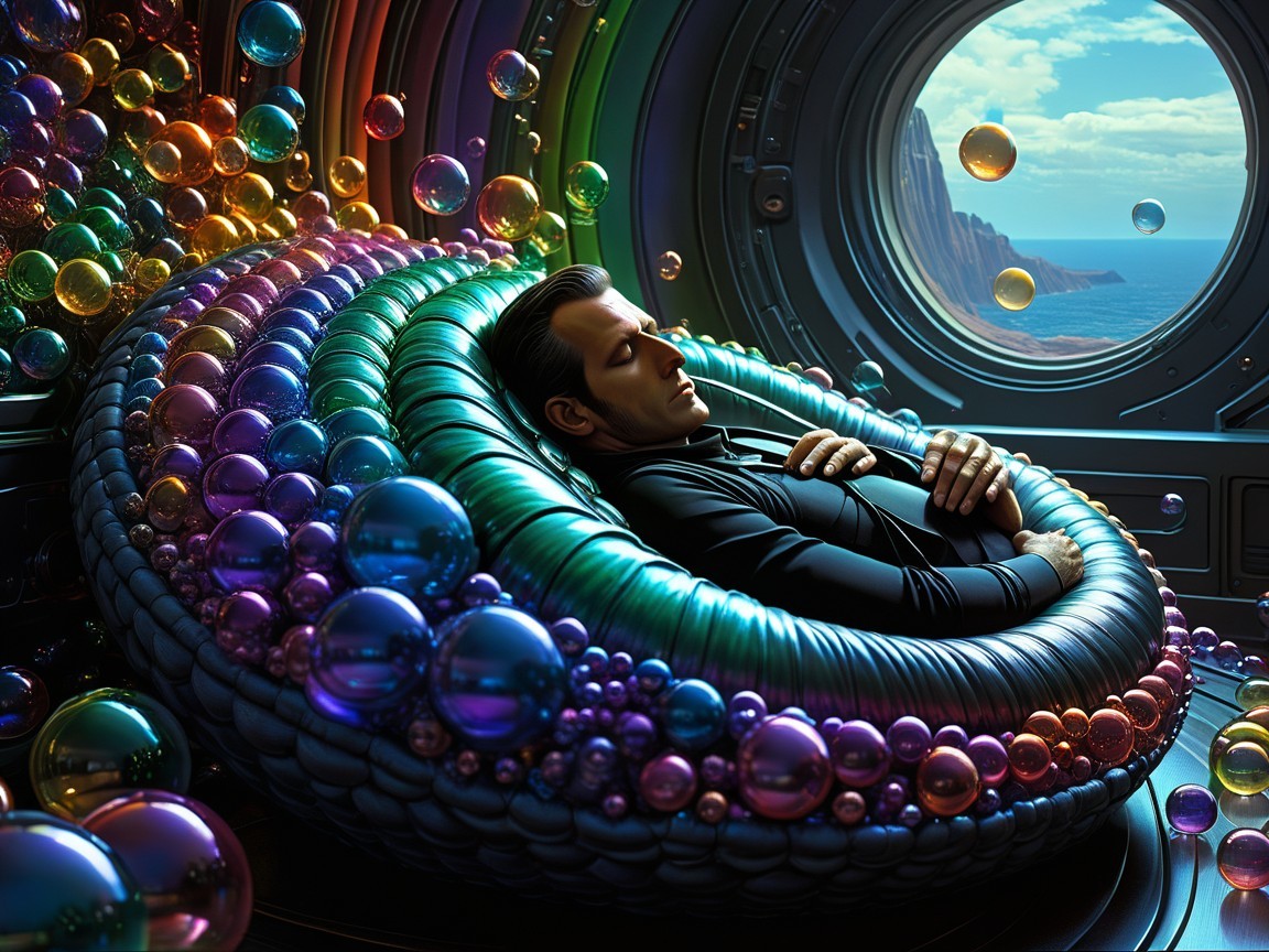 Serene Figure on Colorful Lounge with Coastal View