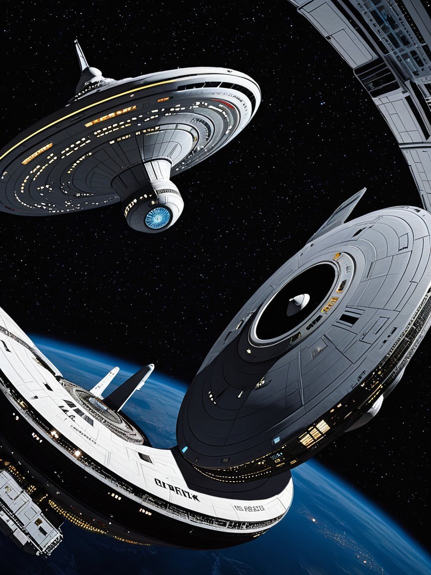 Futuristic Space Scene with Three Distinct Spacecraft