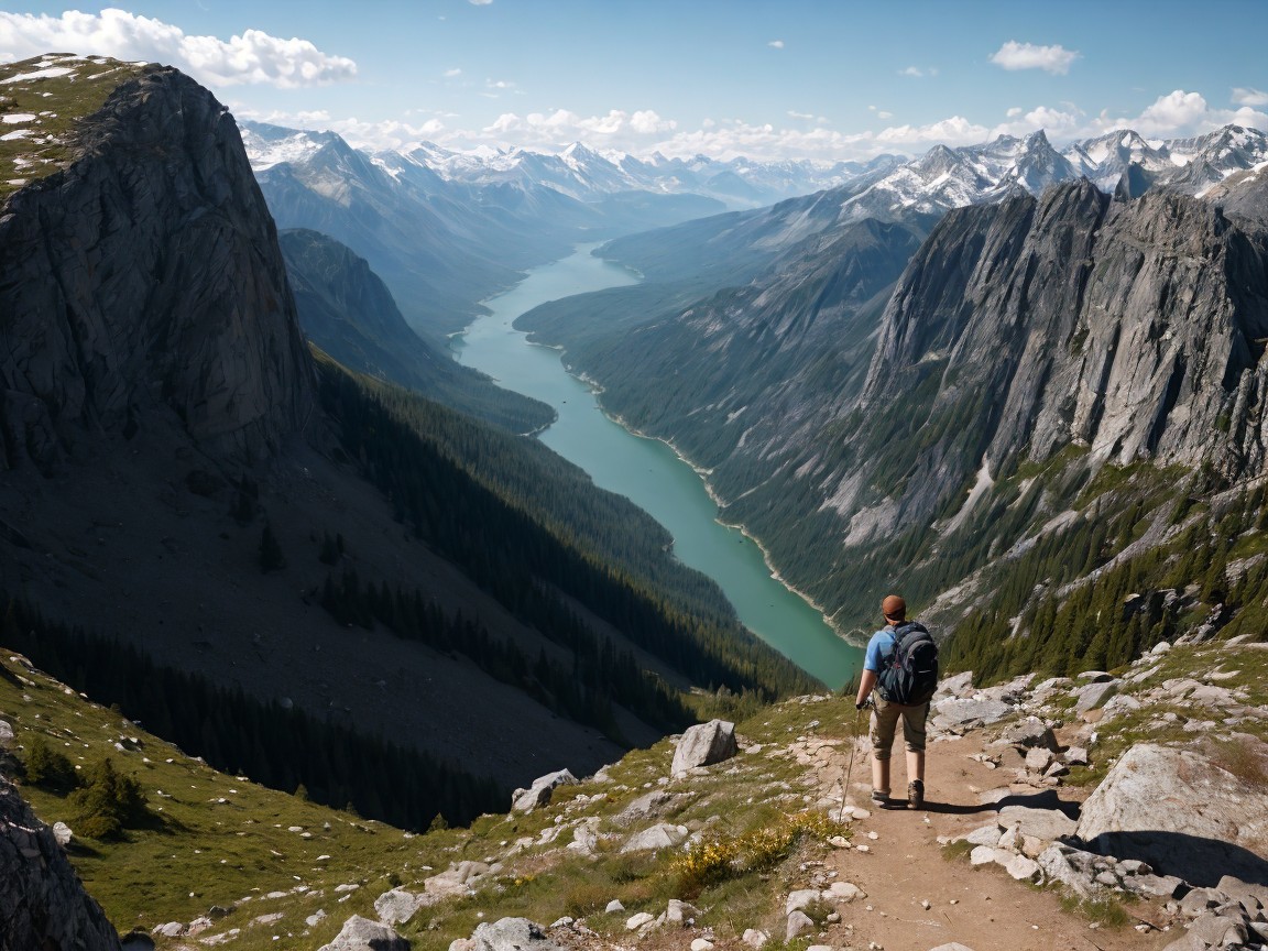Lone Hiker Overlooks Scenic Valley with River and Peaks