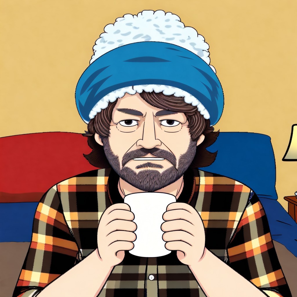 Man with Dark Hair and Beard Sitting on Bed