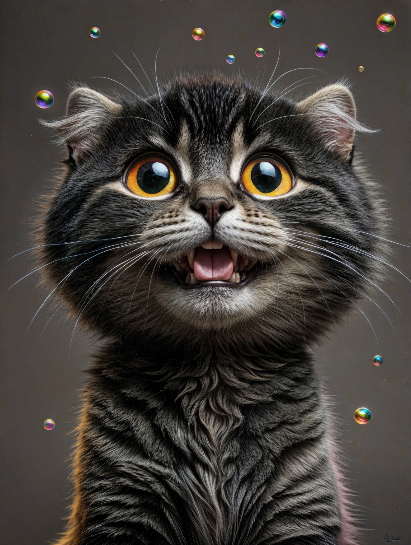 Joyful Cat with Yellow Eyes and Colorful Bubbles