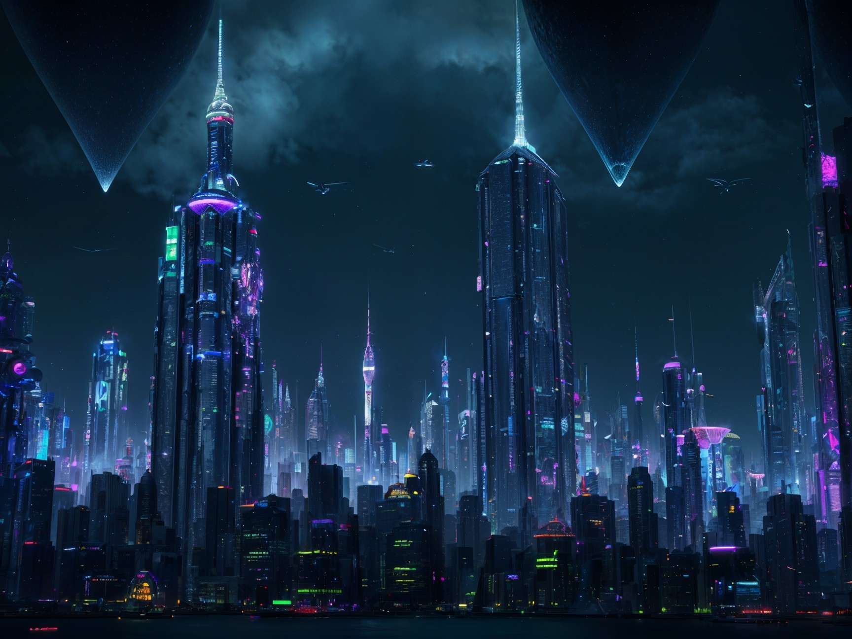 Futuristic cityscape at night with neon skyscrapers