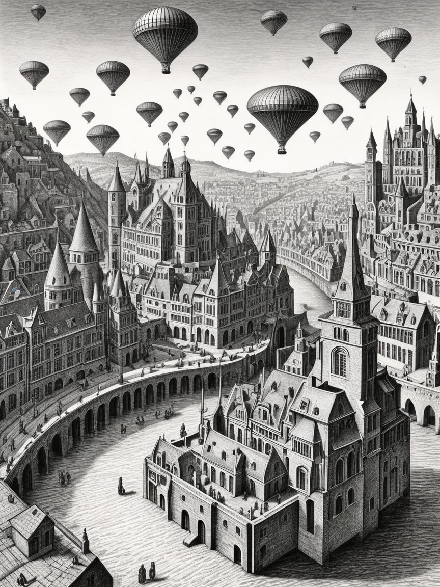 Black and white drawing of a European-style cityscape