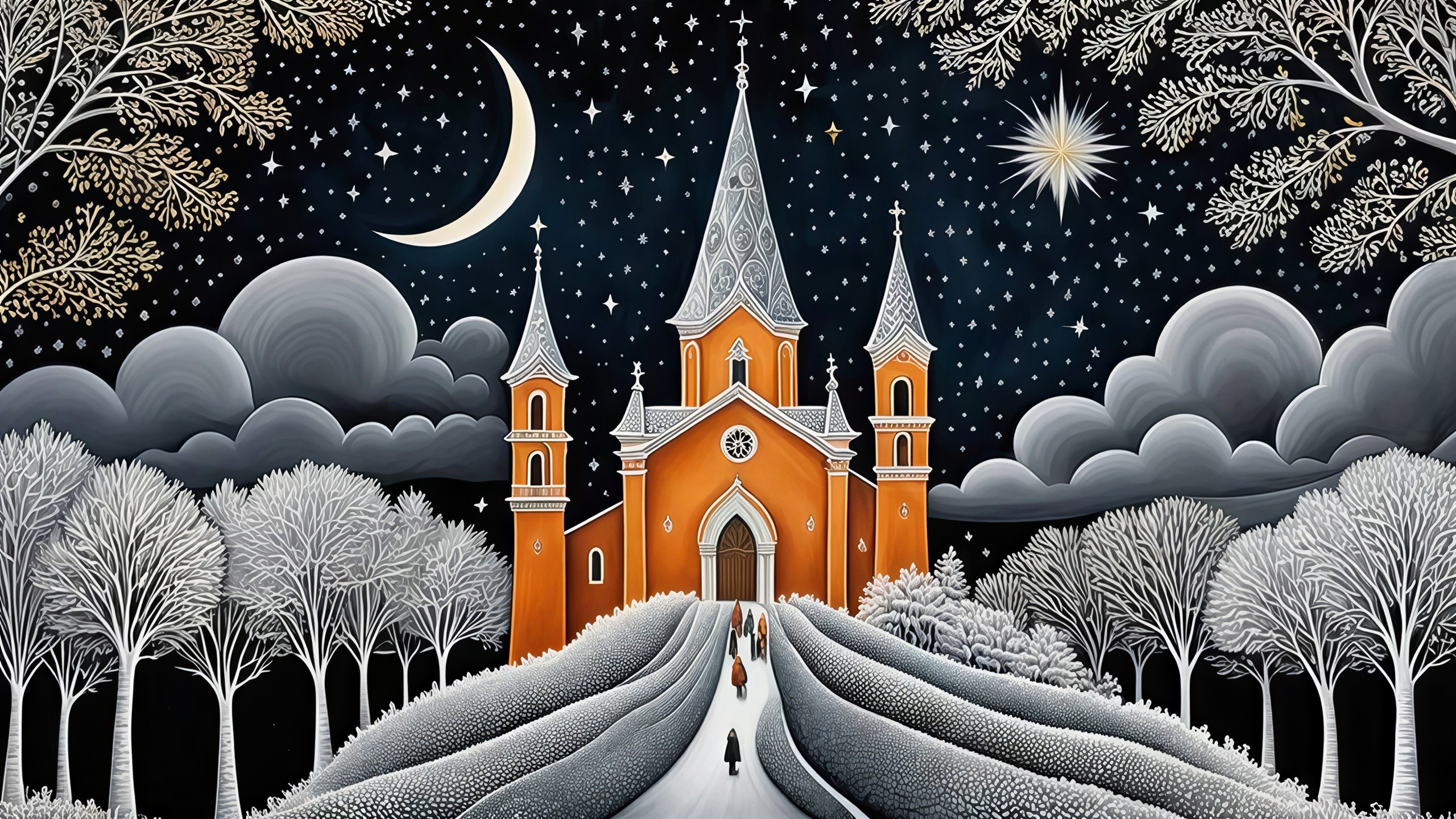 Vibrant Orange Church in a Snowy Landscape Illustration