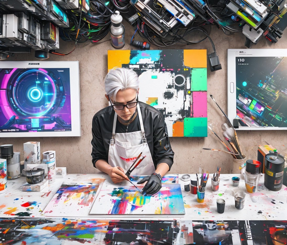 Vibrant Abstract Painting in Cluttered Studio Setting