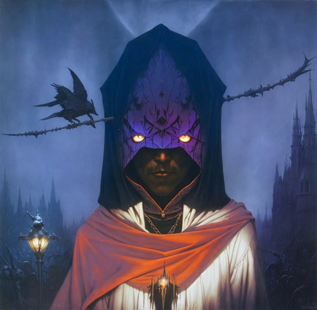 Mysterious cloaked figure in gothic fantasy setting