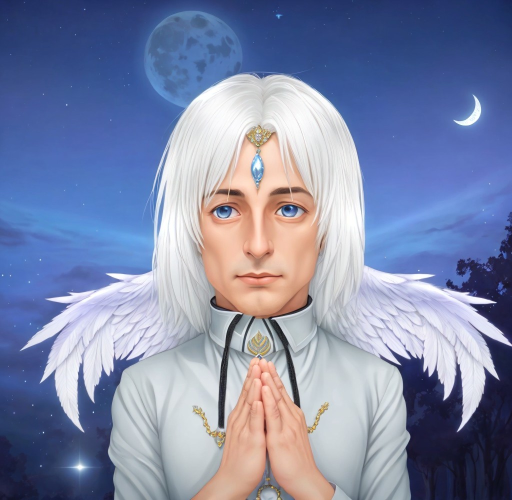 Serene figure with platinum hair and celestial backdrop