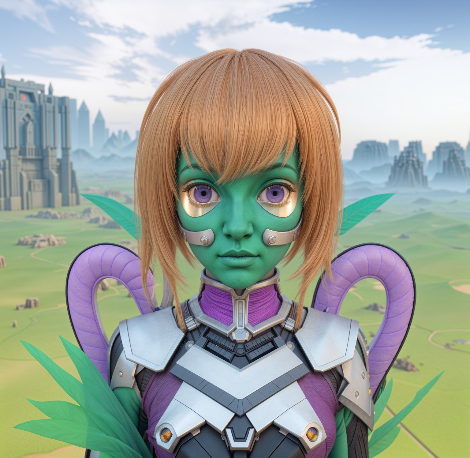 Futuristic character with green skin in sci-fi landscape