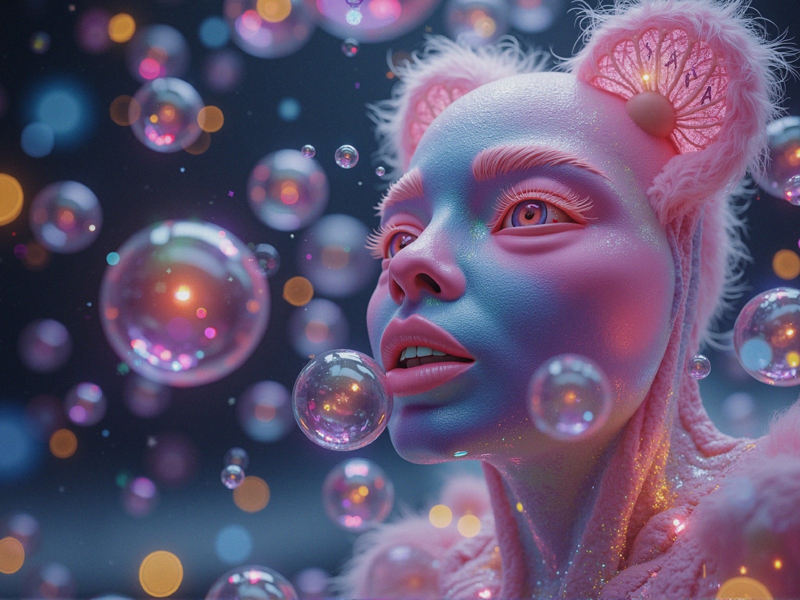 Surreal Portrait of Humanoid Figure with Bubbles
