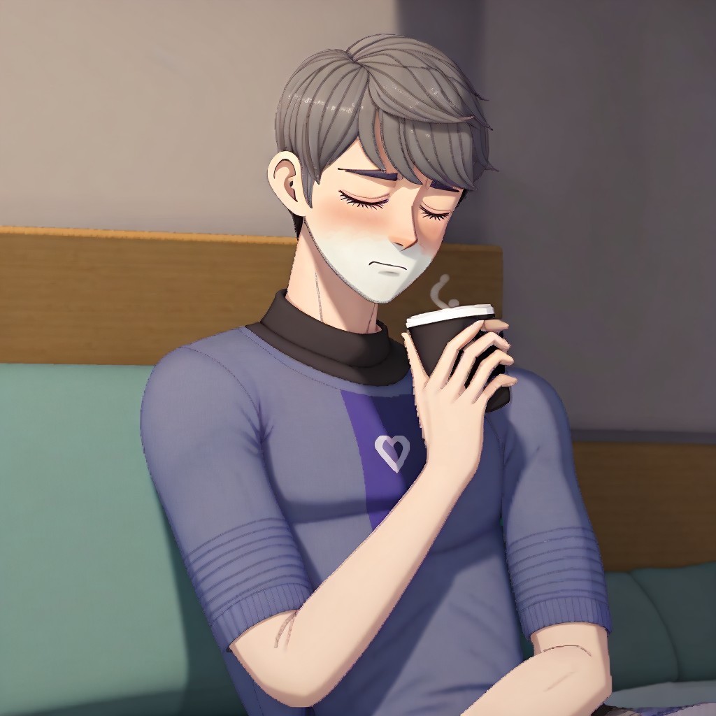 Young man in blue sweater enjoying coffee on couch